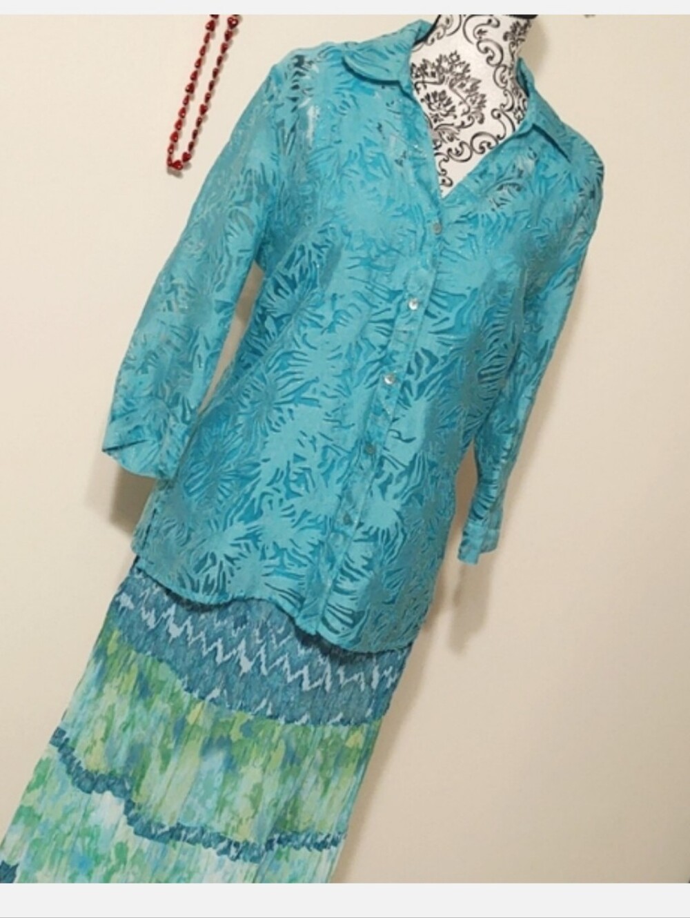 Valerie Stevens Aqua Blue Crinkle Maxi Skirt Set Lg